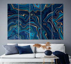 Blue Agate Golden Glitter Effect Fake Marble Stone Artistic Pattern Fluid Art, Oriental Marbling Canvas Print Artesty 5 panels 36" x 24" 