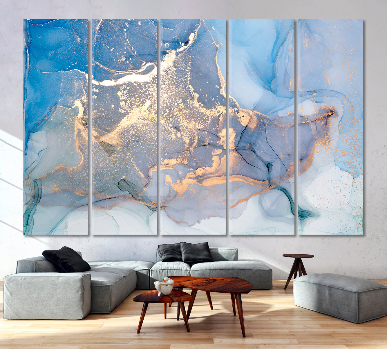 Liquid Marble Blue Smoke Fluid Ink Fluid Art, Oriental Marbling Canvas Print Artesty 5 panels 36" x 24" 