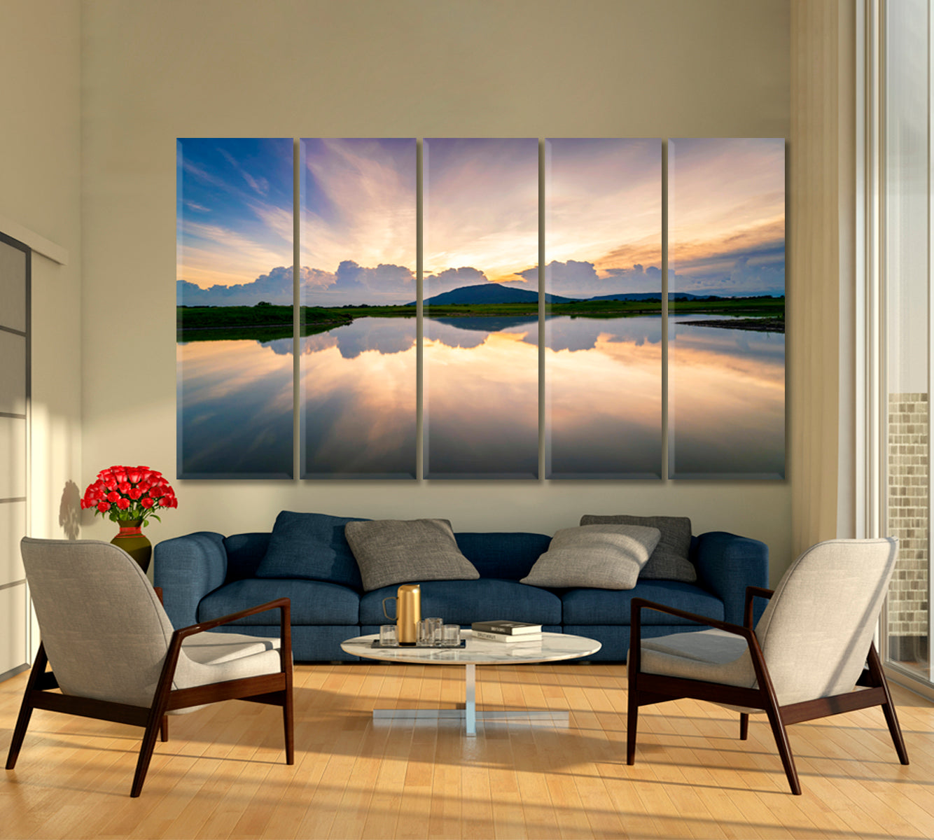 WATER REFLECTION Lake Landscape Beautiful Sunset Sky Nature Wall Canvas Print Artesty 5 panels 36" x 24" 