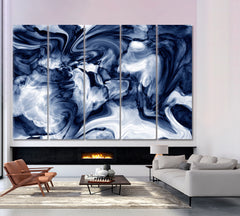 Dark Blue Marble Wavy Lines Abstract Creative Fluid Art, Oriental Marbling Canvas Print Artesty 5 panels 36" x 24" 
