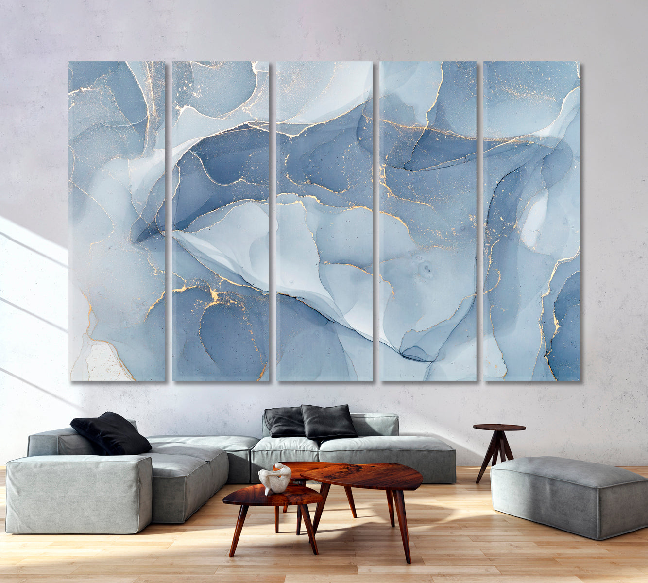 BLUE SKY Alcohol Ink Veins Pattern Abstract Design Soft Tender Colors Fluid Art, Oriental Marbling Canvas Print Artesty 5 panels 36" x 24" 