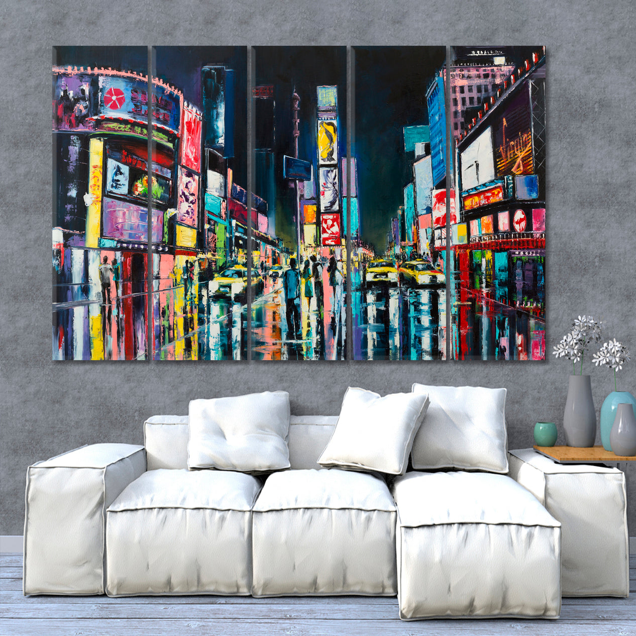 New York Night View Times Square Painting Cities Wall Art Artesty 5 panels 36" x 24" 