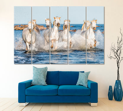 White Camargue Horses Galloping Animals Canvas Print Artesty 5 panels 36" x 24" 