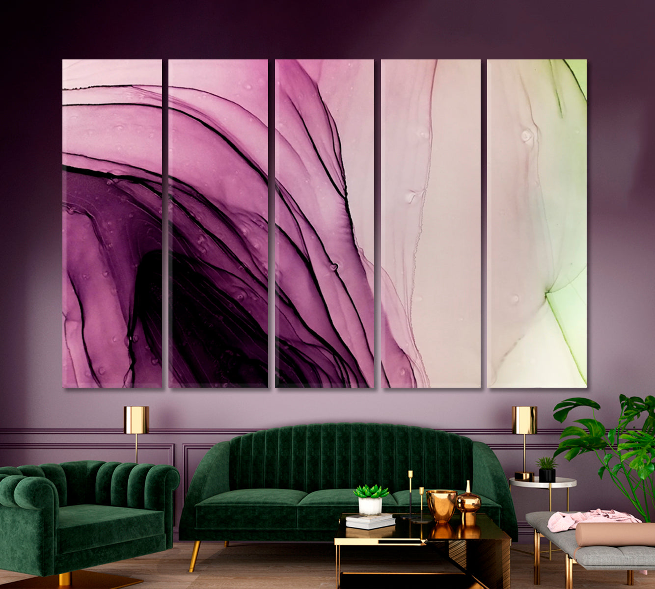 RAINBOW Ink Marbled Modern Transparent Swirls Fluid Art, Oriental Marbling Canvas Print Artesty 5 panels 36" x 24" 