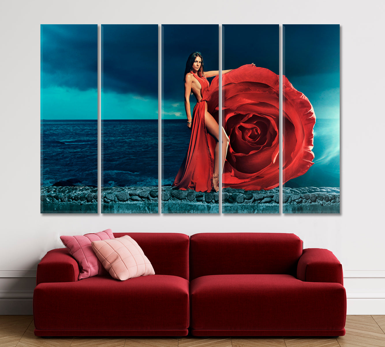 LADY IN RED Beautiful Woman Portrait Photo Art Artesty 5 panels 36" x 24" 