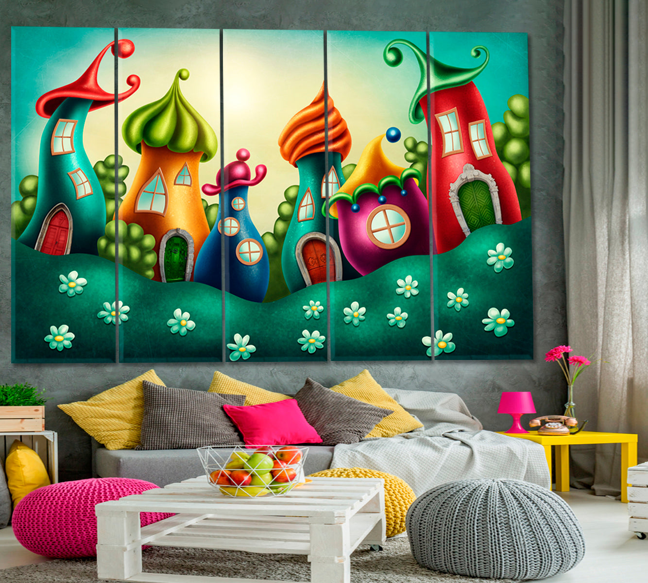 KIDS ROOM FANTASY CONCEPT Colorful Fairy Town Canvas Print Kids Room Canvas Art Print Artesty 5 panels 36" x 24" 