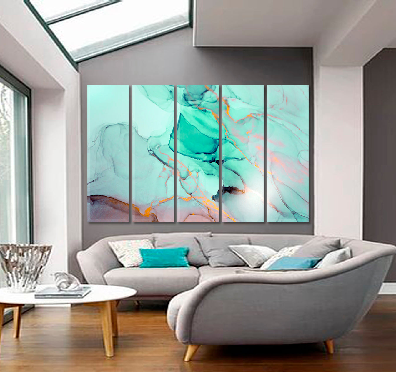 Turquoise Green Ink Paint Abstract Marble Fluid Art, Oriental Marbling Canvas Print Artesty 5 panels 36" x 24" 