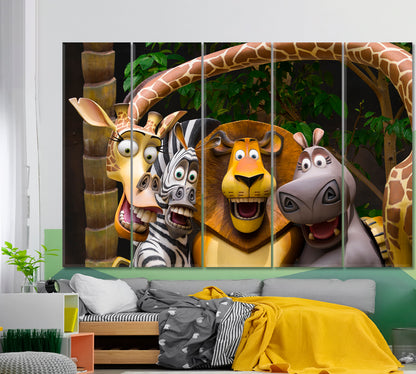 MADAGASCAR Kids Room Nursery Concept Cute Animals Cartoon Canvas Print TV, Cartoons Wall Art Canvas Artesty 5 panels 36" x 24" 