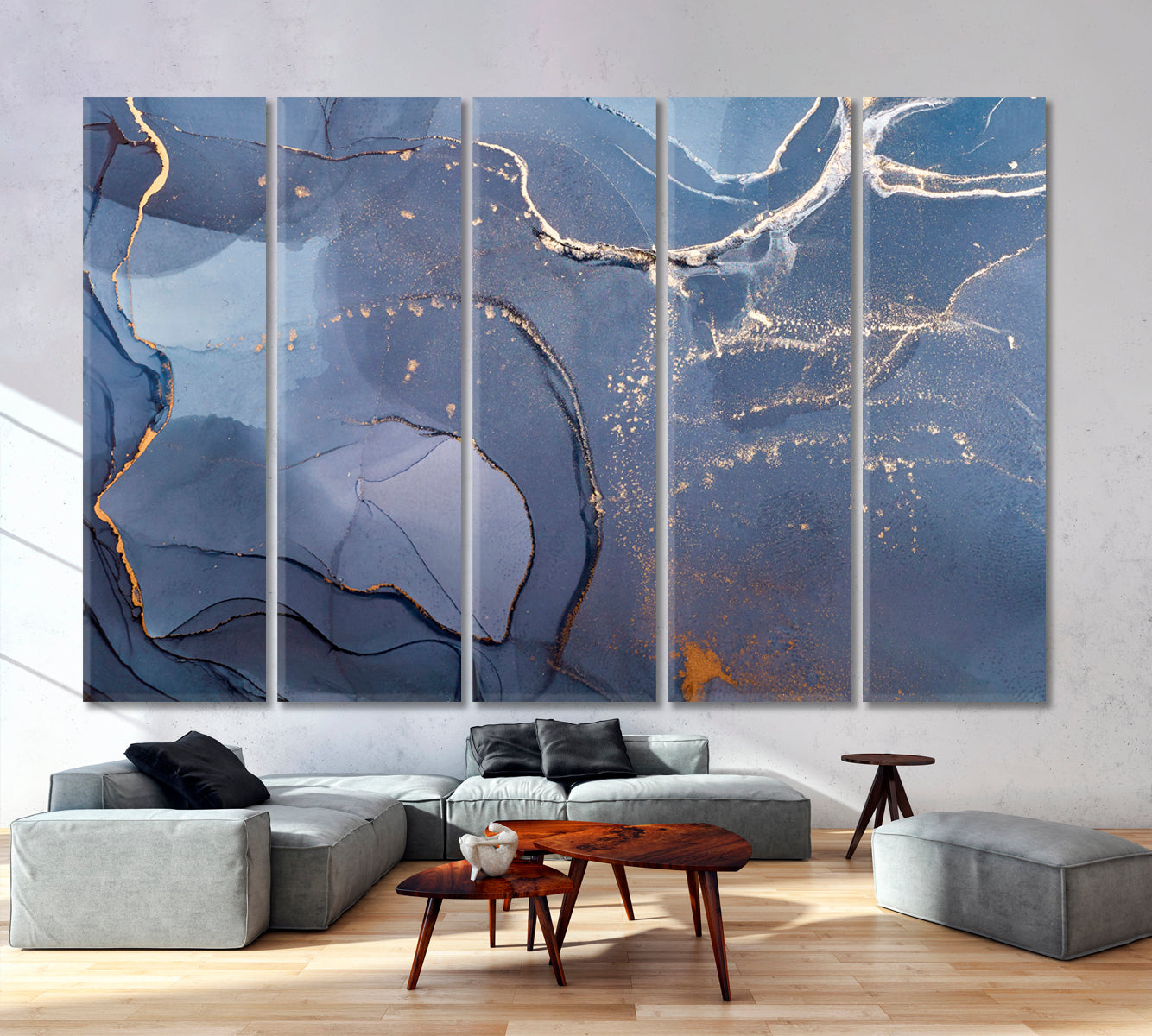 Dark Blue Modern Abstract Marble Fluid Art, Oriental Marbling Canvas Print Artesty 5 panels 36" x 24" 