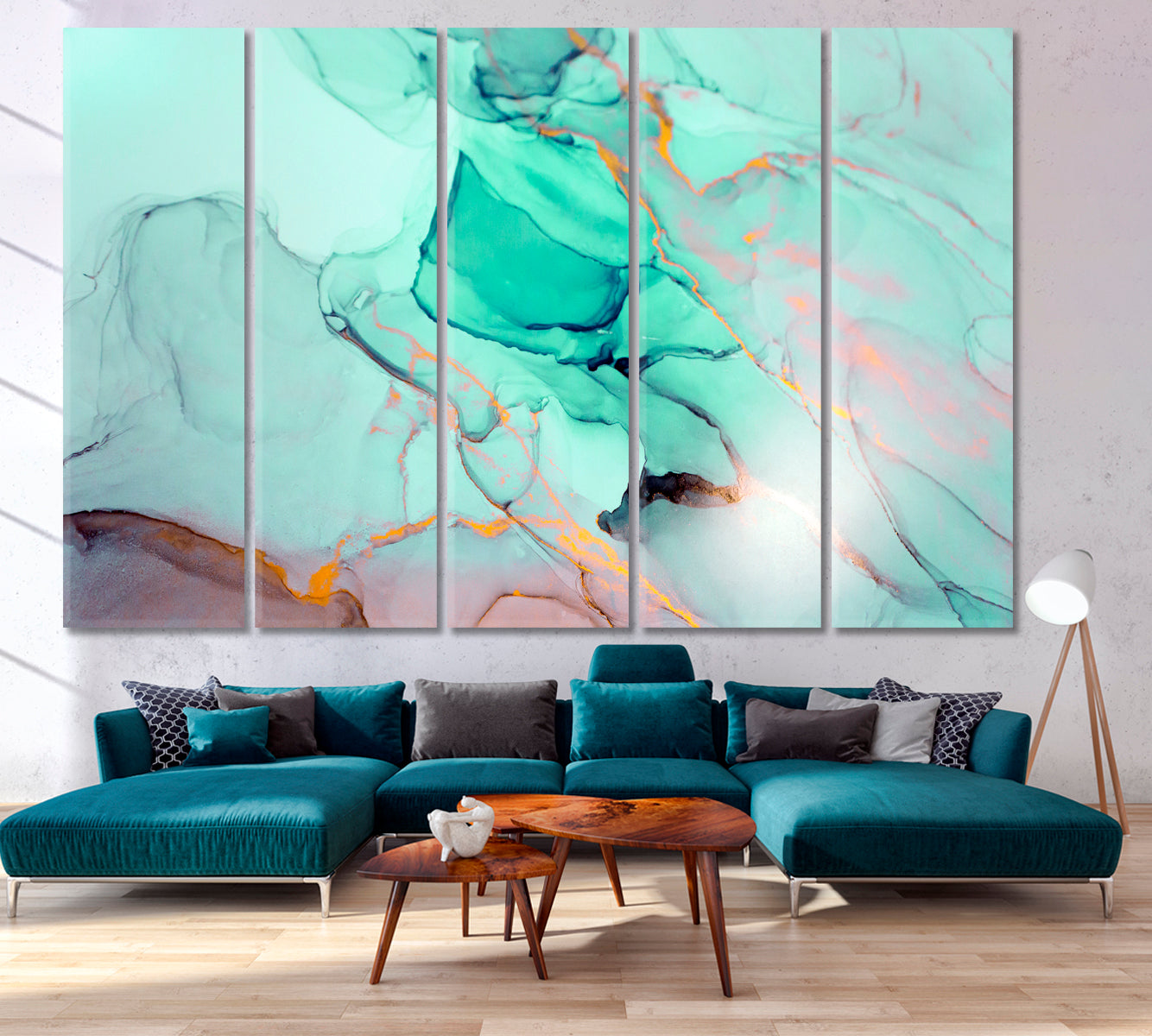 FRESH MINT Ink Colors Modern Marble Fluid Pattern Fluid Art, Oriental Marbling Canvas Print Artesty 5 panels 36" x 24" 