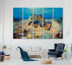 Mandarin Goldfish Sea Bottom Sea Turquoise Cristal Clear Water Nautical, Sea Life Pattern Art Artesty 5 panels 36" x 24" 