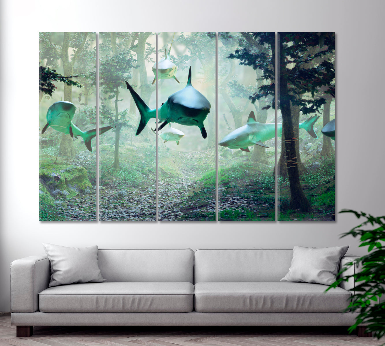 Fantasy Landscape Sharks Swimming in Forest Surreal Fantasy Large Art Print Décor Artesty 5 panels 36" x 24" 