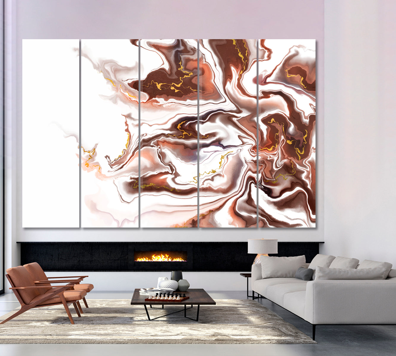 Brown Abstract Wavy Forms Futuristic Pattern Fluid Art, Oriental Marbling Canvas Print Artesty 5 panels 36" x 24" 