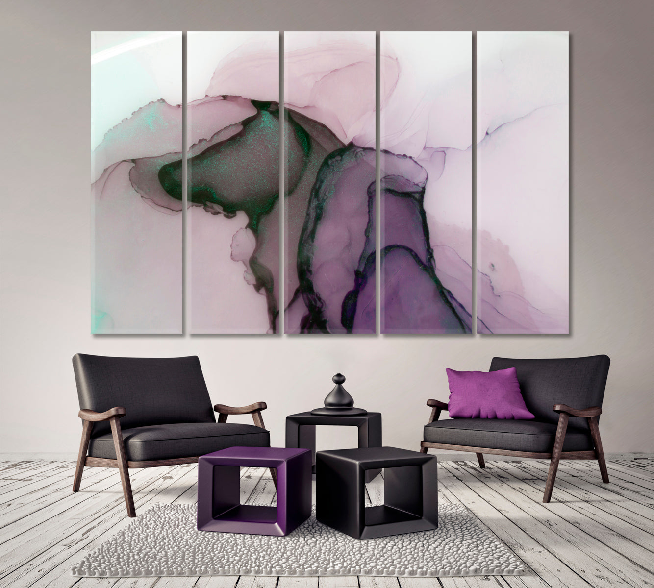 Beautiful Pastels Abstract alcohol ink Purple Green Fluid Art, Oriental Marbling Canvas Print Artesty 5 panels 36" x 24" 