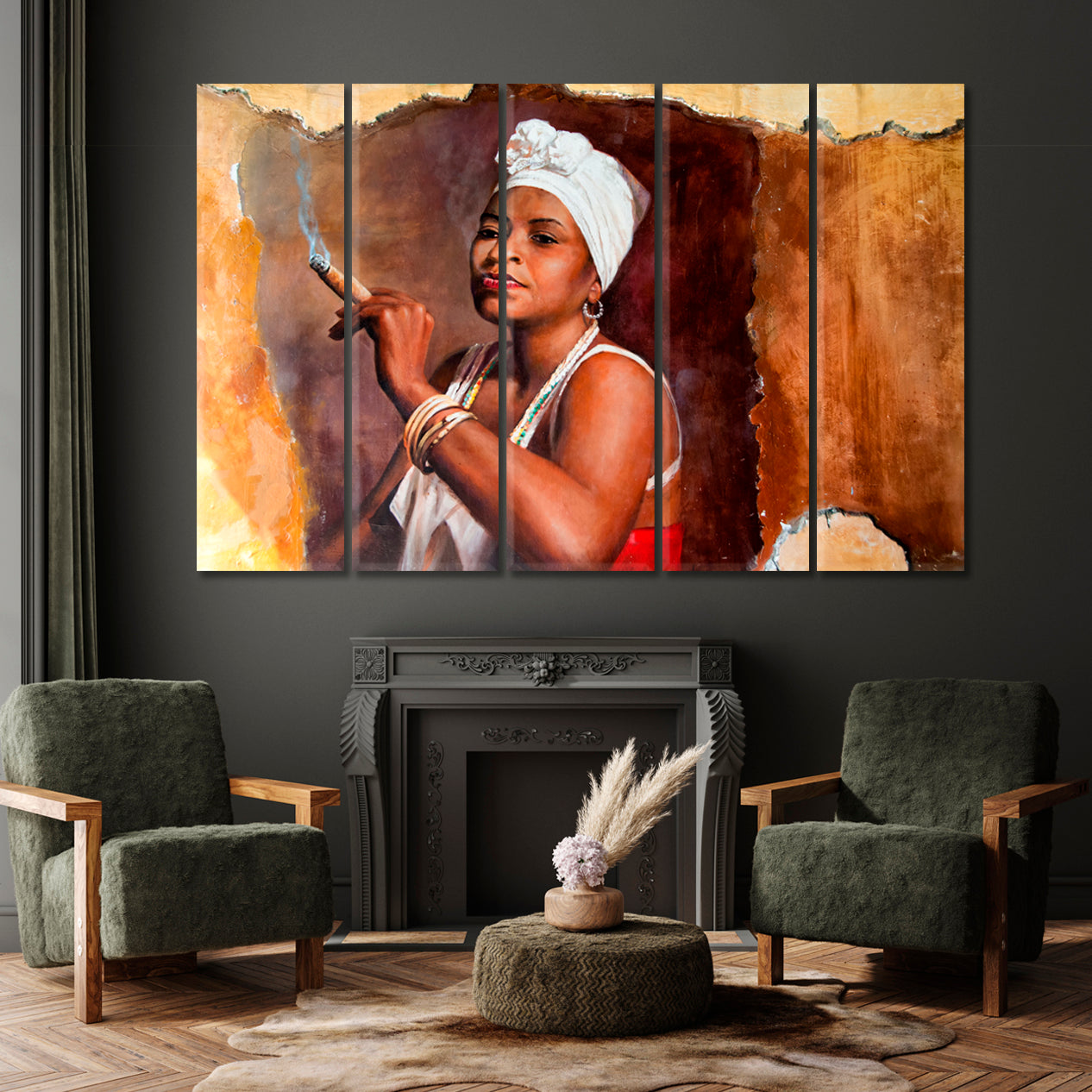 Havana Streets | Cuban Indigenous Woman Smoking Cigar Canvas Print Fine Art Artesty 5 panels 36" x 24" 