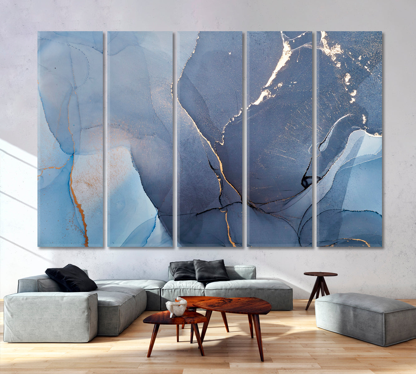 TENDER Blue Marble Alcohol Ink Fluid Art, Oriental Marbling Canvas Print Artesty 5 panels 36" x 24" 