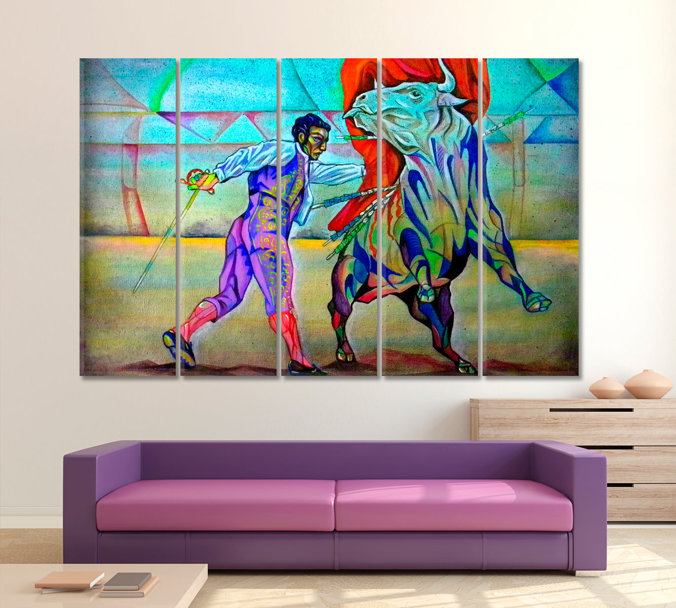 Bullfighter Fantasy Cubism Figure Bull Fine Art Artesty 5 panels 36" x 24" 