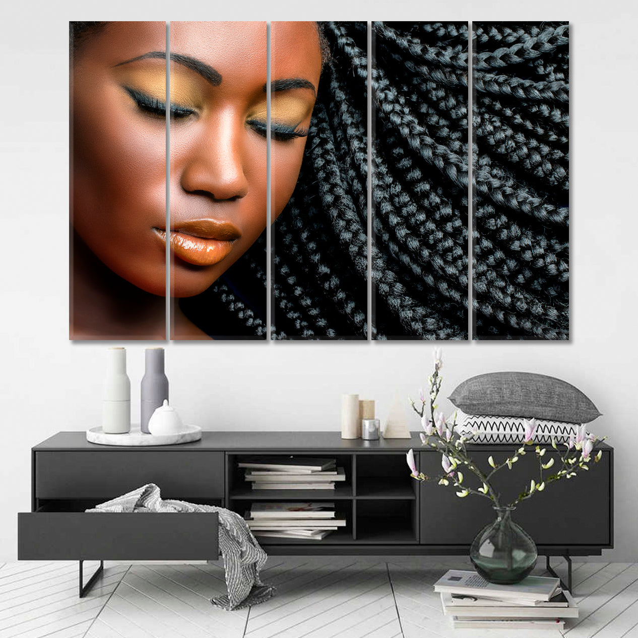 BEAUTY African Girl Professional Makeup Black Braided Hairstyle Beauty Salon Artwork Prints Artesty 5 panels 36" x 24" 