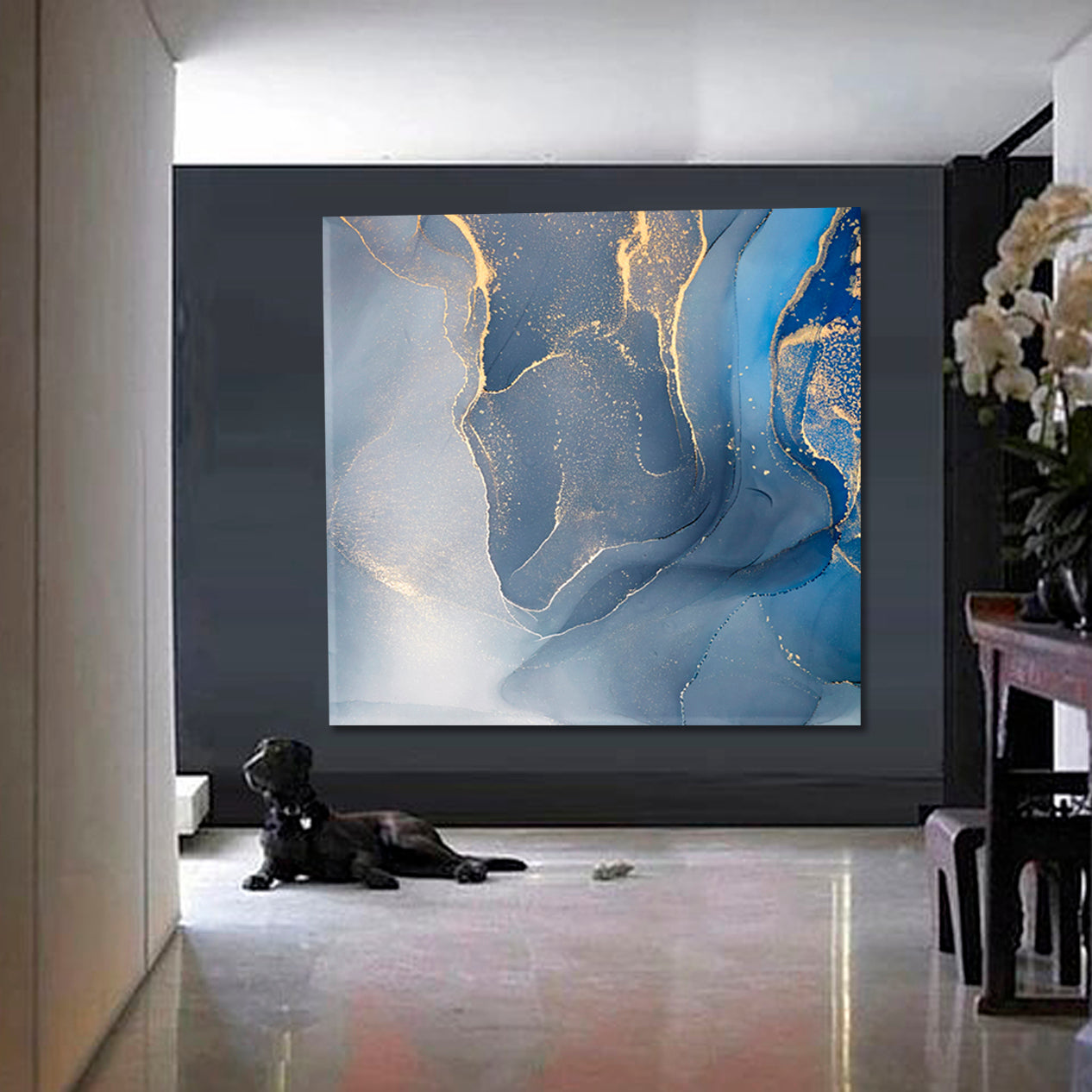 ABSTRACT MARBLE Tender Blue Modern Art Fluid Art, Oriental Marbling Canvas Print Artesty   