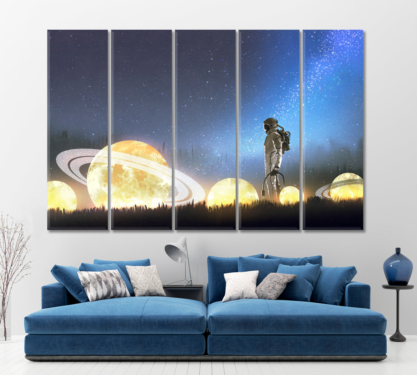 Astronaut And Beautiful Surreal Night Cosmic Scenery Surreal Fantasy Large Art Print Décor Artesty 5 panels 36" x 24" 