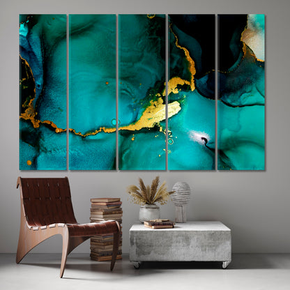 TEAL GREEN Tidewater Gold Effect Luxury Abstract Fluid Art Ink Splash Fluid Art, Oriental Marbling Canvas Print Artesty 5 panels 36" x 24" 