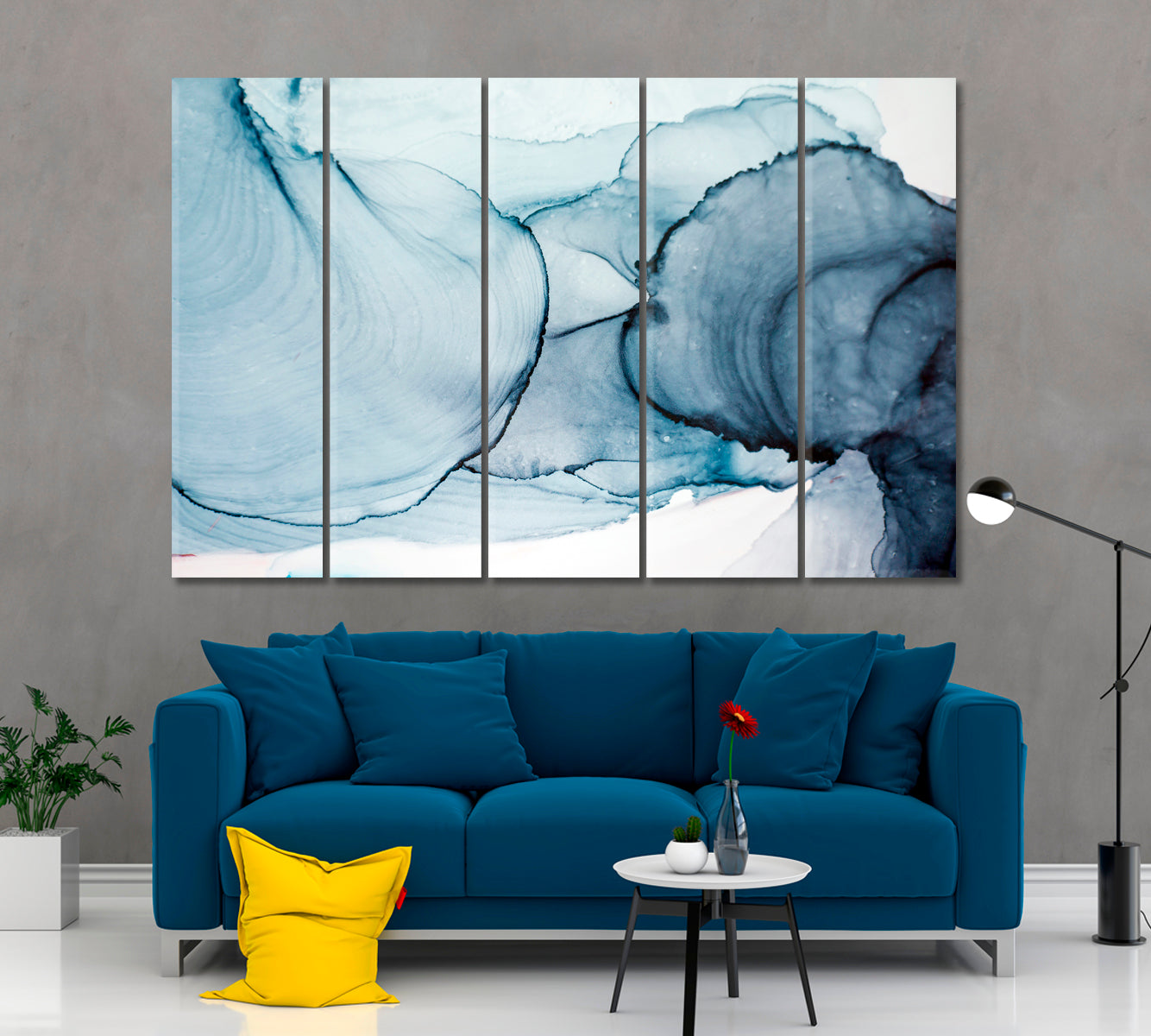 Blue Beautiful Natural Luxury Ancient Oriental Painting Fluid Art, Oriental Marbling Canvas Print Artesty 5 panels 36" x 24" 