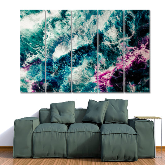 INK MIX Teal Blue Green White Purple Wave Splash Foam Effect Fluid Art, Oriental Marbling Canvas Print Artesty 5 panels 36" x 24" 