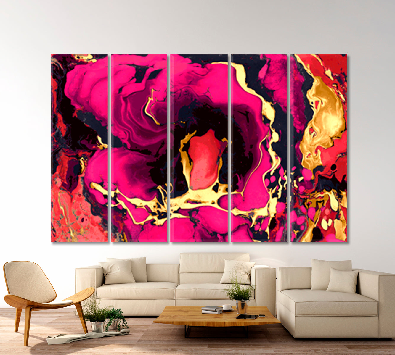 FUCHSIA Contemporary Abstract Ebru Suminagashi Style Contemporary Art Artesty 5 panels 36" x 24" 