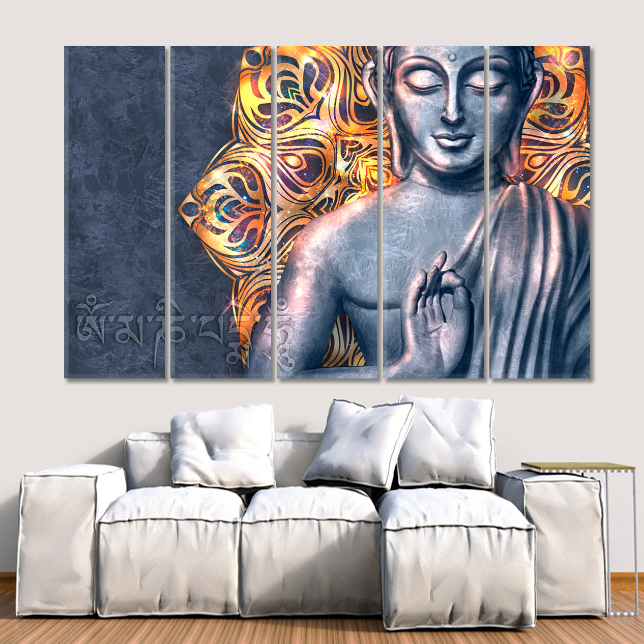 Bright Buddha Lotus Pose Mandala Mantra Om Mani Padme Hum Religious Modern Art Artesty 5 panels 36" x 24" 