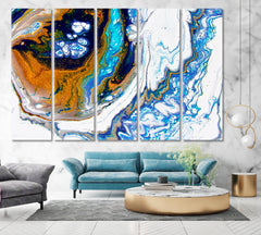 Abstract Gold Dark Blue Mixed Acrylic Marble Contemporary Fluid Art, Oriental Marbling Canvas Print Artesty 5 panels 36" x 24" 