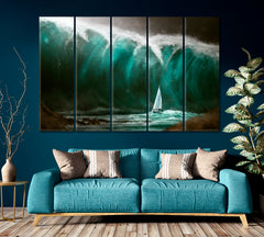 HURRICANE Sailing Ship Tsunami Storm Ocean Big Waves Nautical, Sea Life Pattern Art Artesty 5 panels 36" x 24" 