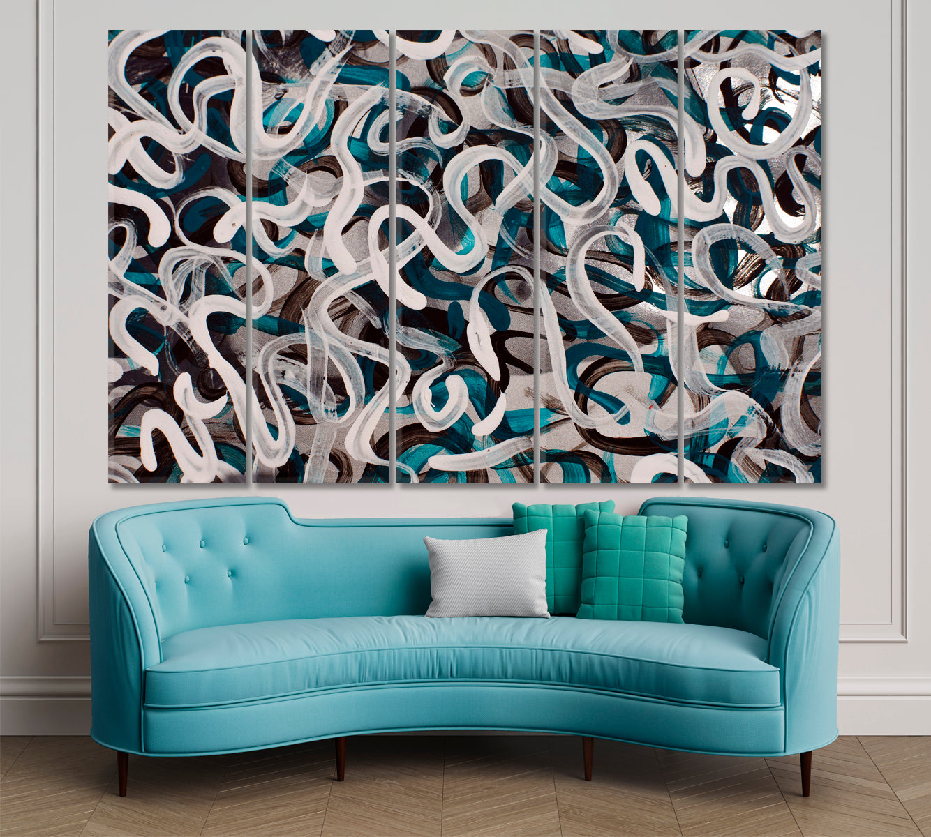 Pollock Style Vibe Cold Colors Etude Modern Abstract Expressionism Wavy Lines Abstract Art Print Artesty 5 panels 36" x 24" 