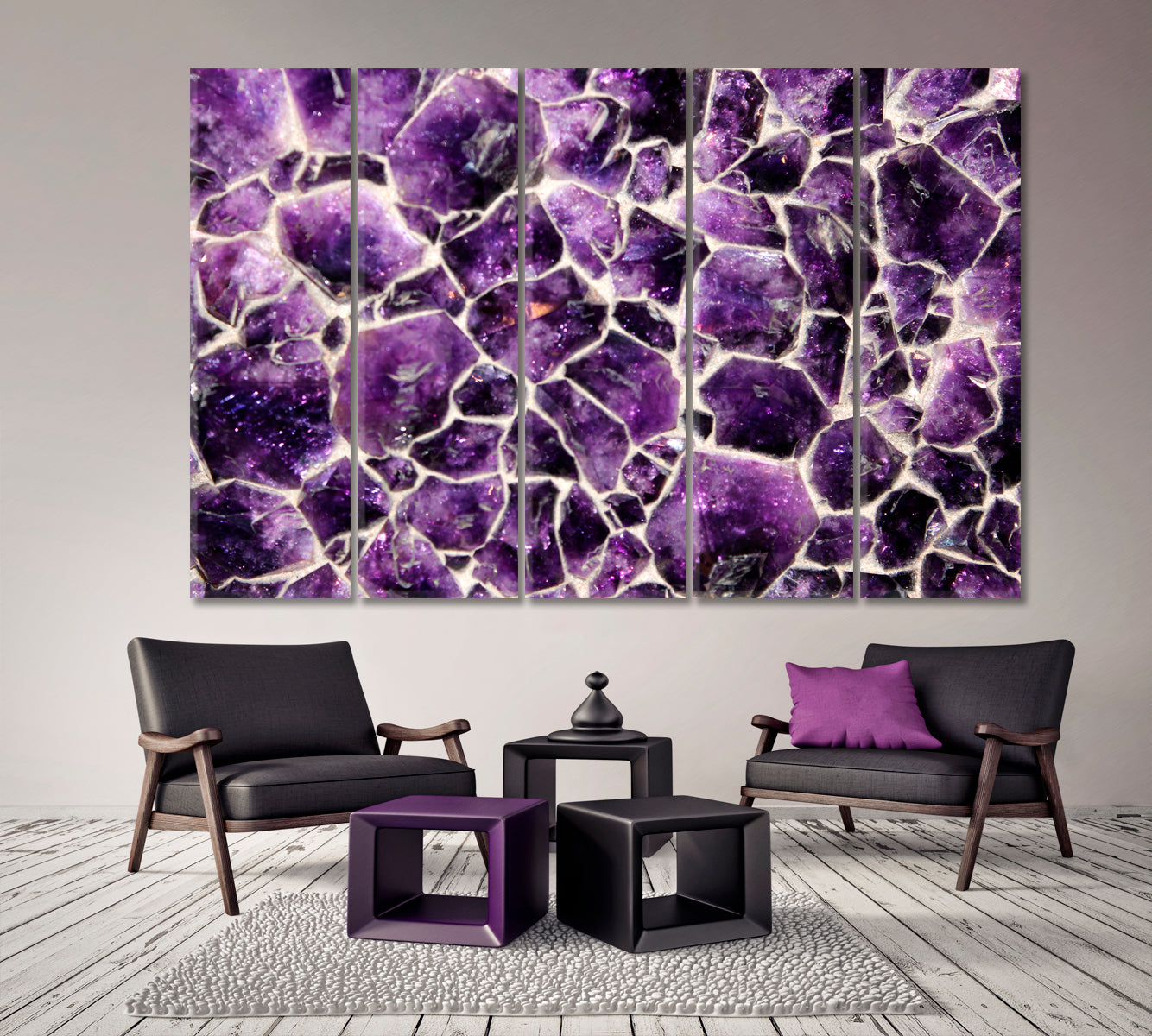 Natural Purple Amethyst Crystals Stunning Beautiful Rock Abstract Art Print Artesty 5 panels 36" x 24" 
