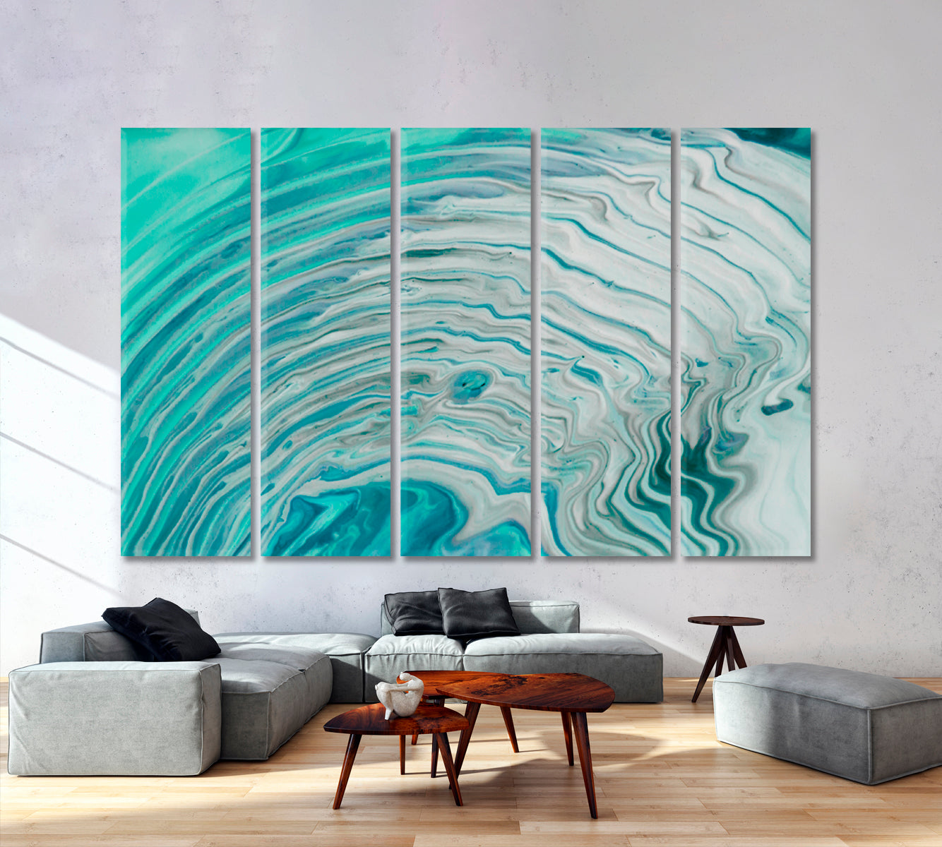 MINT PEARL Pale Turquoise Marble Pattern Fluid Art, Oriental Marbling Canvas Print Artesty 5 panels 36" x 24" 