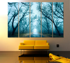 MORNING Mysterious Dark Autumn Stunning Misty Forest Fogy Road Trees Branches Nature Wall Canvas Print Artesty 5 panels 36" x 24" 