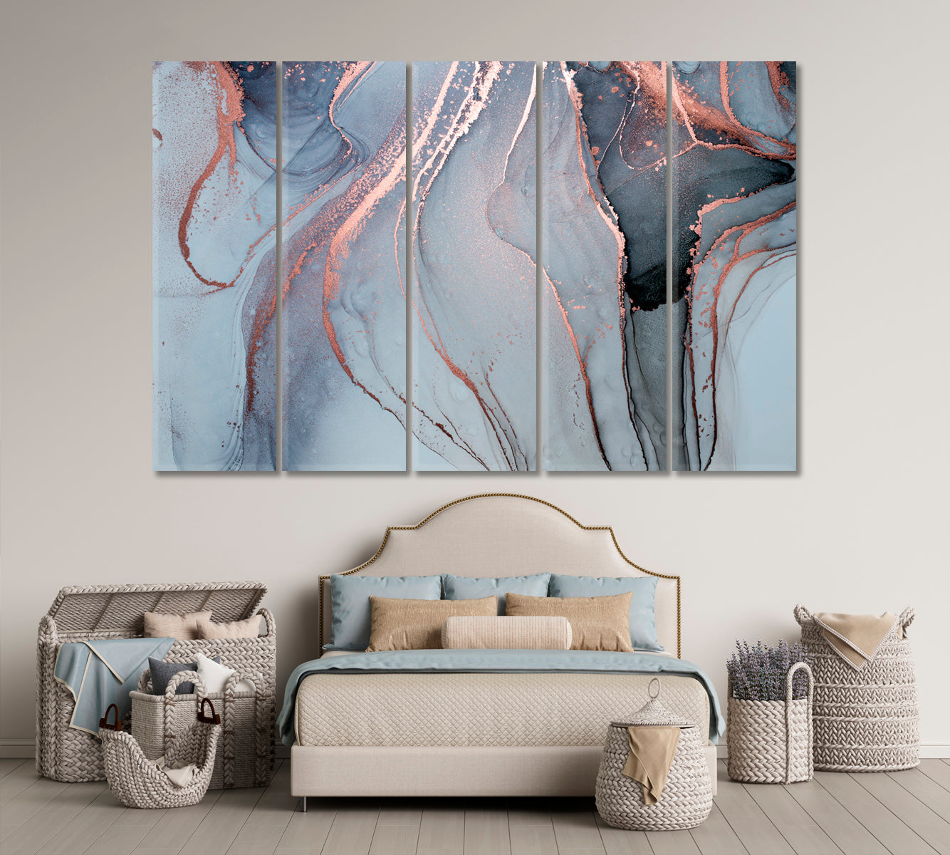 Currents Translucent Ink Hues Abstract Gray Marble Landscape Fluid Art, Oriental Marbling Canvas Print Artesty 5 panels 36" x 24" 