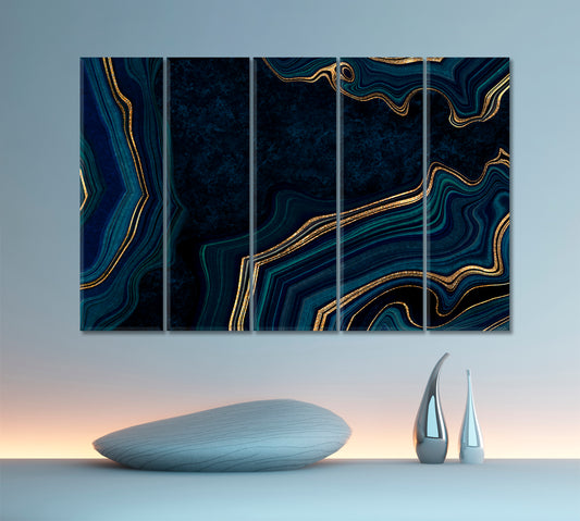 Abstract Luxurious Dark Agate Golden Veins Marble Artistic Design Fluid Art, Oriental Marbling Canvas Print Artesty 5 panels 36" x 24" 