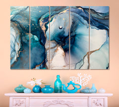 INK PAINTING Blue Transparent Waves Swirls Glowing Golden Veins Fluid Art, Oriental Marbling Canvas Print Artesty 5 panels 36" x 24" 