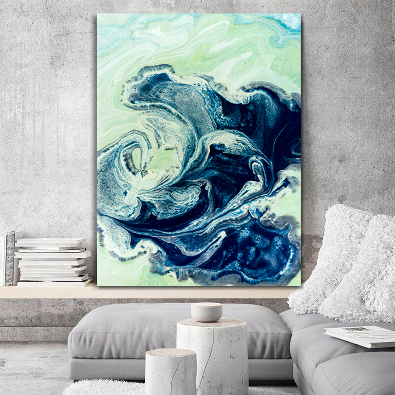 MARBLE Marbled Blue Green Abstract Liquid Pattern Fluid Oriental Style - Vertical Fluid Art, Oriental Marbling Canvas Print Artesty   