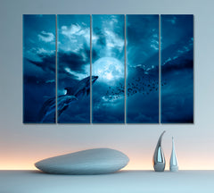 Wild Dolphins Floating at the Ocean Nautical, Sea Life Pattern Art Artesty 5 panels 36" x 24" 