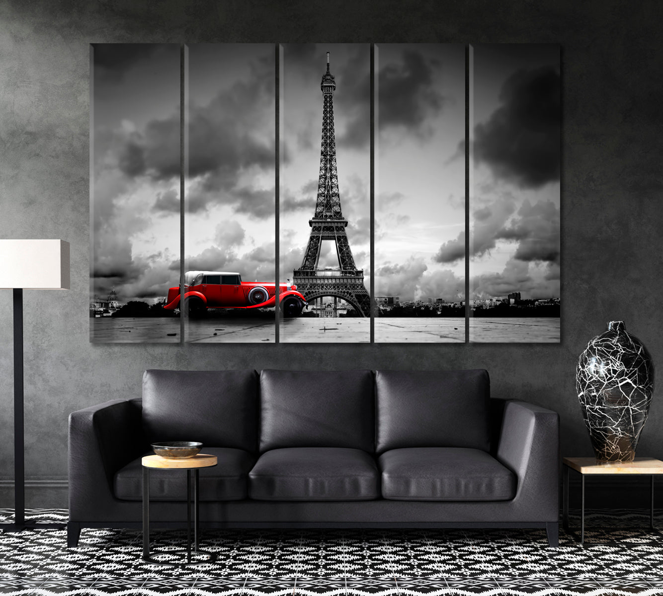 Eiffel Tower Paris France Red Retro Car Black and White Vintage Artistic Black and White Wall Art Print Artesty 5 panels 36" x 24" 