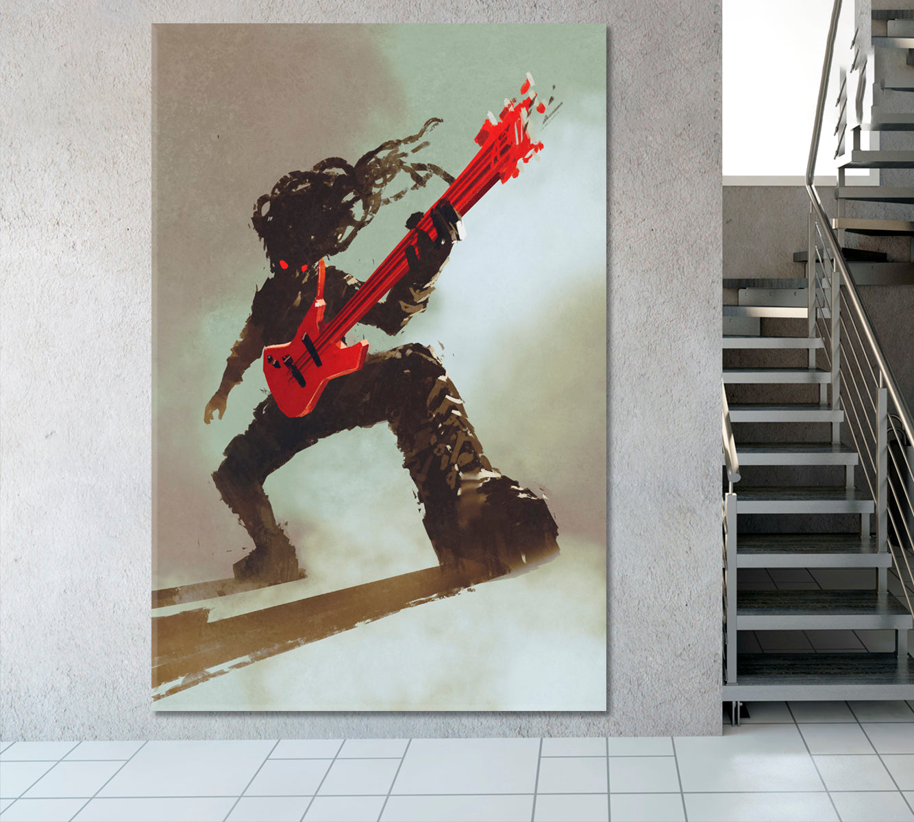 Rock & Roll Rocker Guitarist Playing Red Guitar, Music Canvas Print  - Vertical Music Wall Panels Artesty   