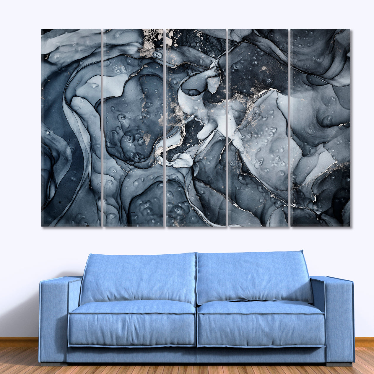 Trendy Blue Gray Alcohol Ink Colors Translucent Marble Fluid Art, Oriental Marbling Canvas Print Artesty 5 panels 36" x 24" 