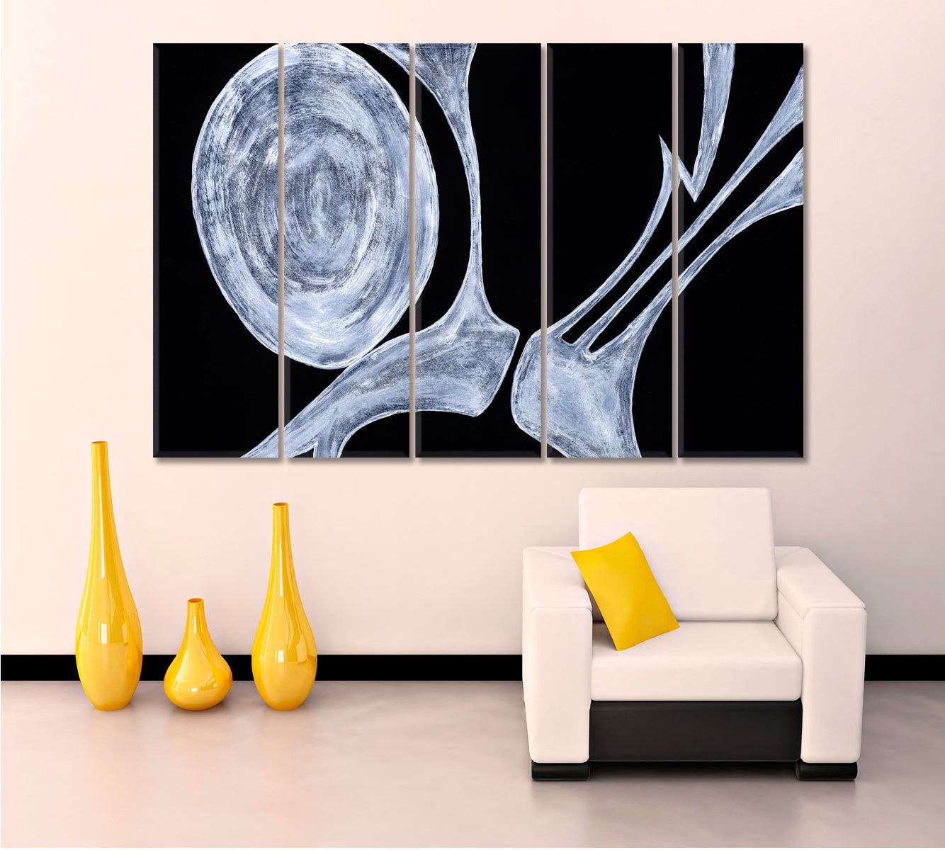 BONY OBJECTS Simple Curved Geometric Shapes Lines Black White Art Contemporary Art Artesty 5 panels 36" x 24" 