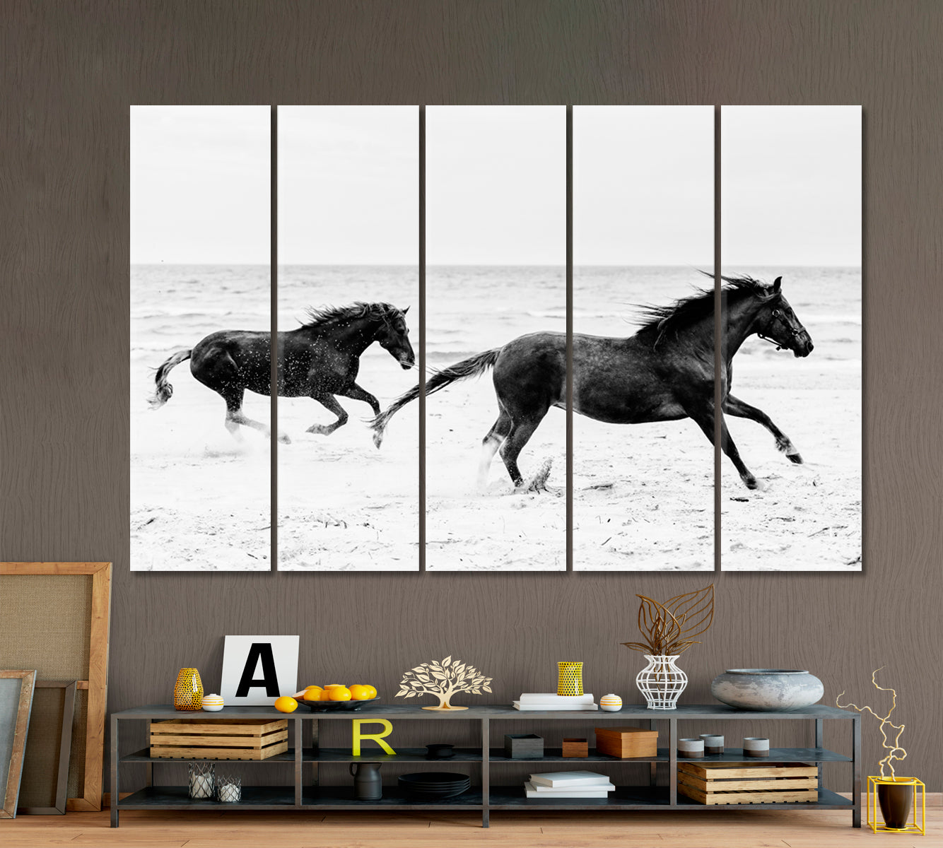 Horses Gallop Running on the Seashore Freedom Wildness Black and White Animals Canvas Print Artesty 5 panels 36" x 24" 