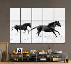 Horses Gallop Running on the Seashore Freedom Wildness Black and White Animals Canvas Print Artesty 5 panels 36" x 24" 