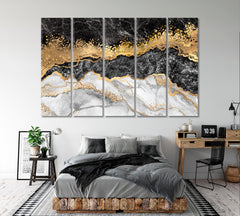 Marble Black White Gold Abstract Contemporary Decorative Marbling Pattern Giclée Print Fluid Art, Oriental Marbling Canvas Print Artesty 5 panels 36" x 24" 