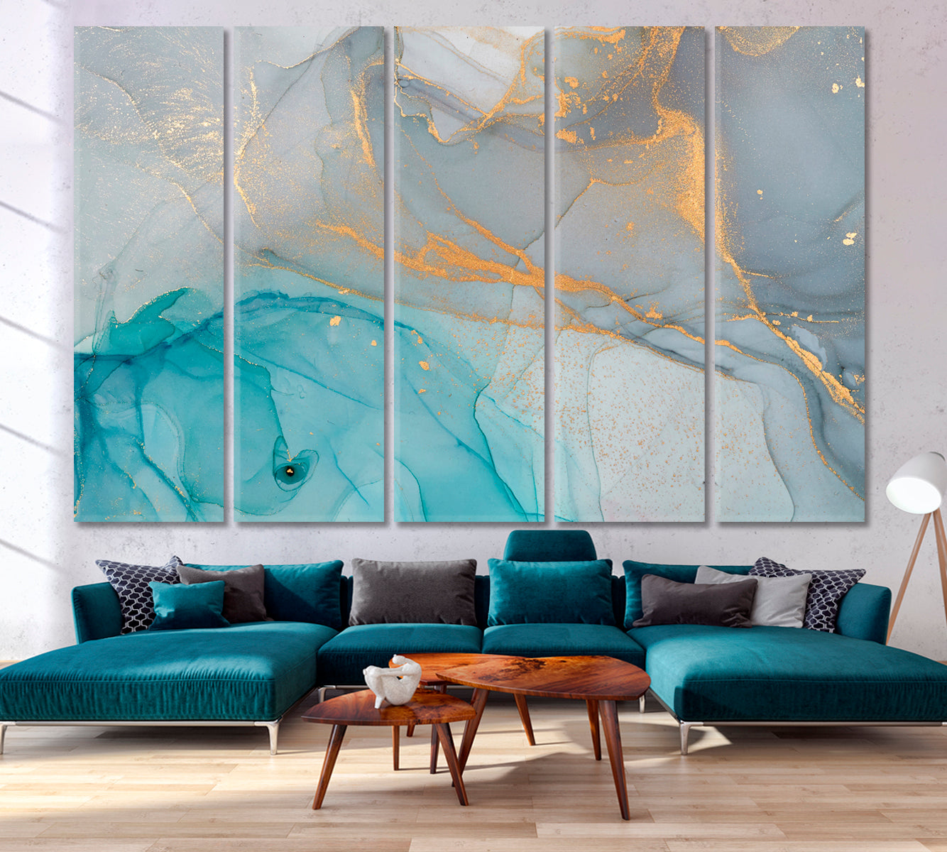 Blue Marble Color Pattern Creation Golden Veins Fluid Art, Oriental Marbling Canvas Print Artesty 5 panels 36" x 24" 