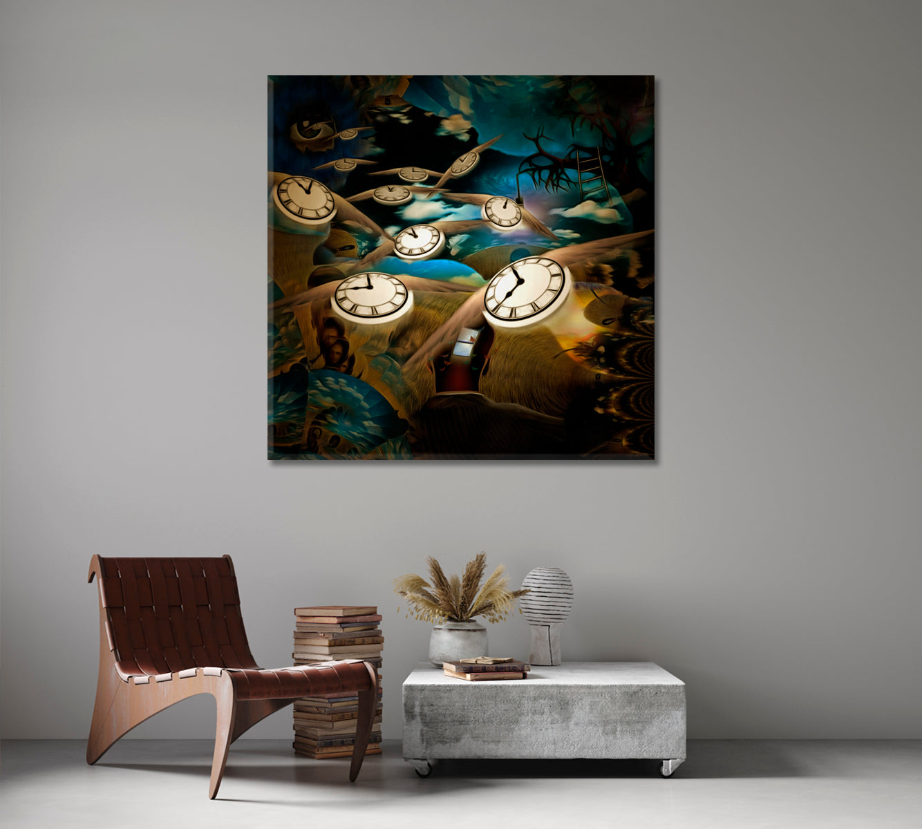 FLOW OF TIME Lord Eye And Winged Clocks Surreal Painting Surreal Fantasy Large Art Print Décor Artesty   