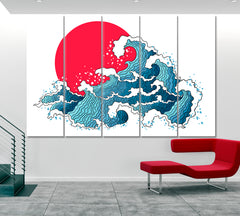 WAVE Ocean Asian Waves and Sun Japanese Canvas Print Asian Style Canvas Print Wall Art Artesty 5 panels 36" x 24" 